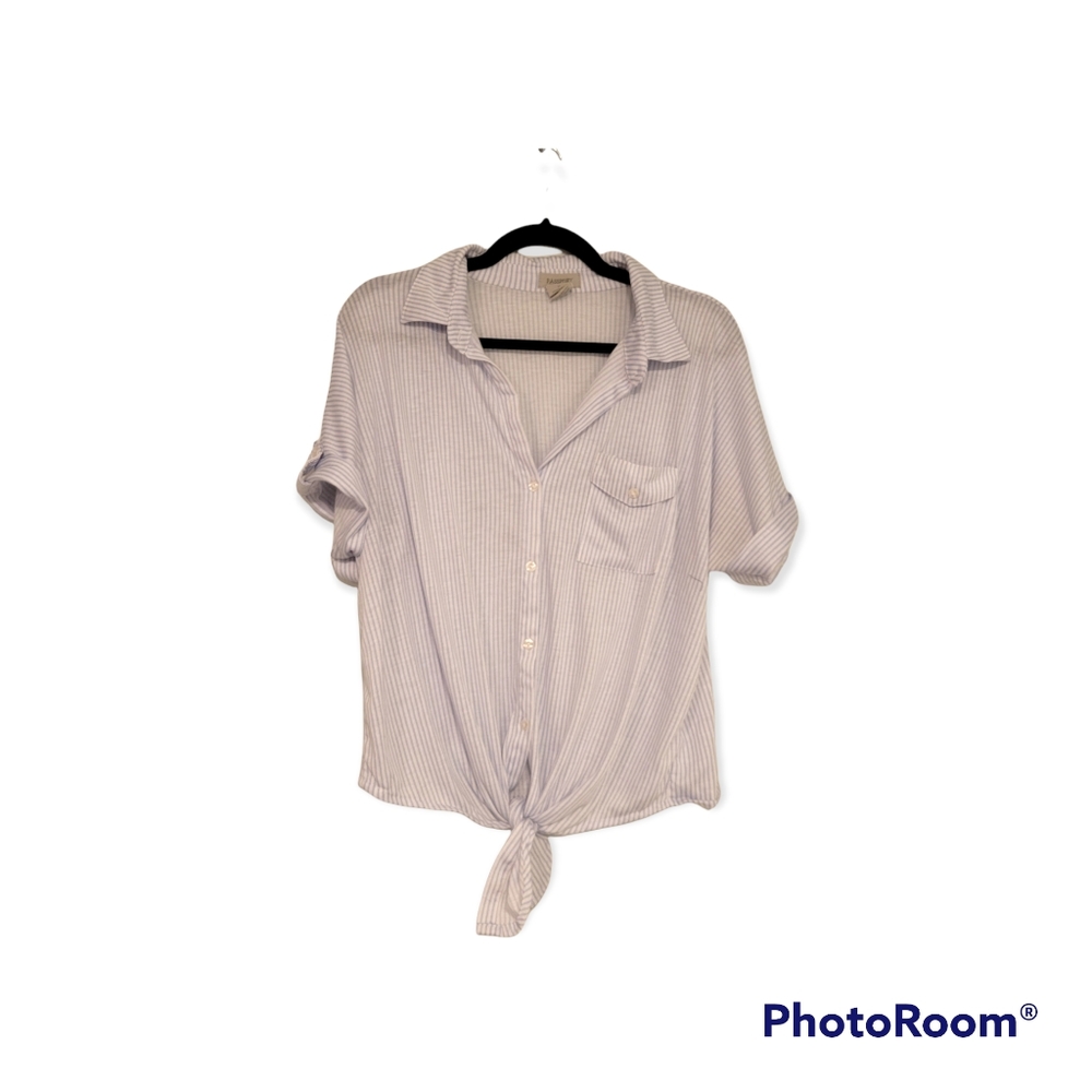 Passport Women's tie short sleeve button down shirt xl blue and white striped